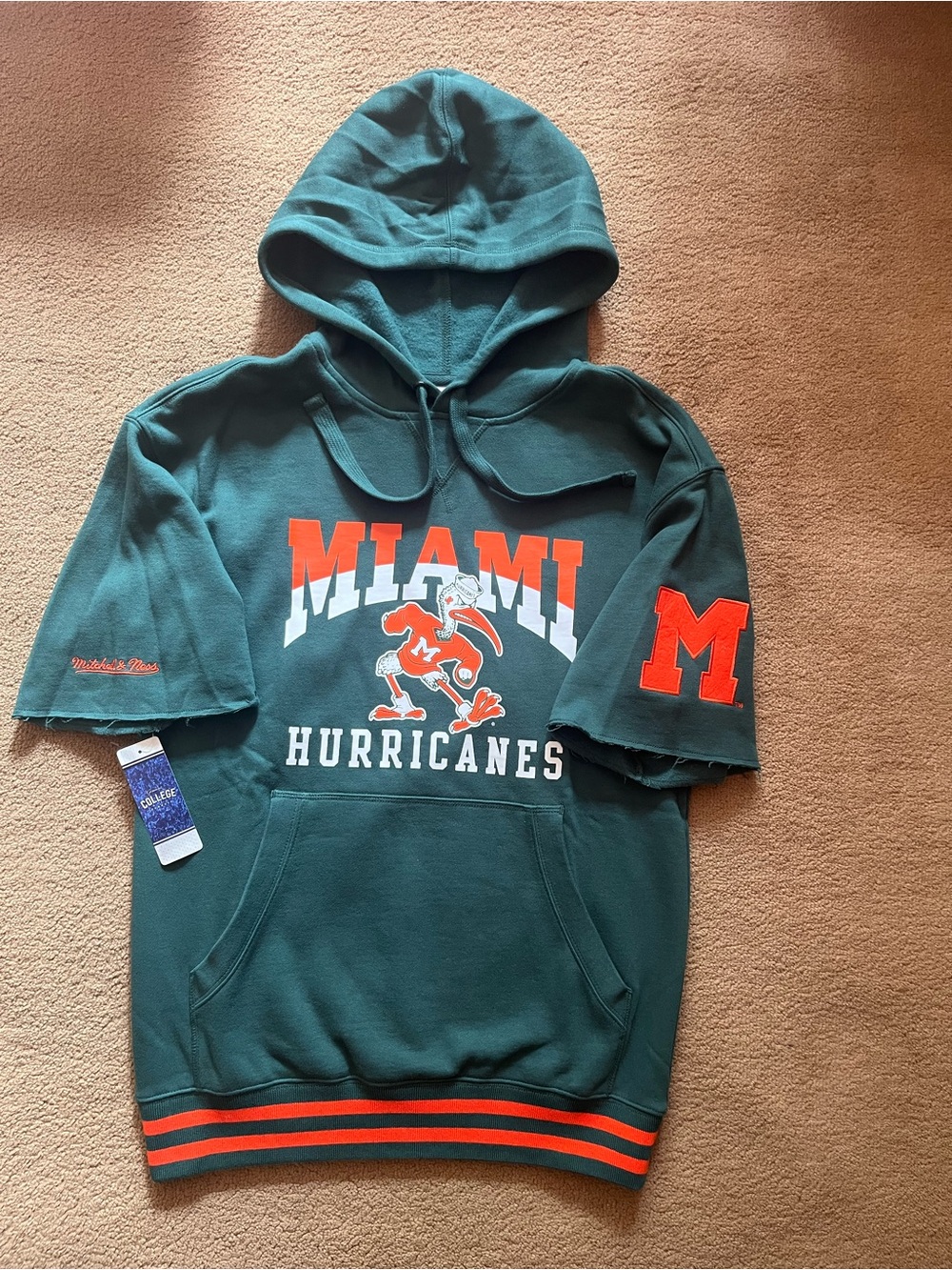 Mitchell & Ness Miami Hurricanes Short-Sleeve Hoodie in Teal & Orange